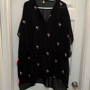 Black Flamingo Print bathing suit cover up